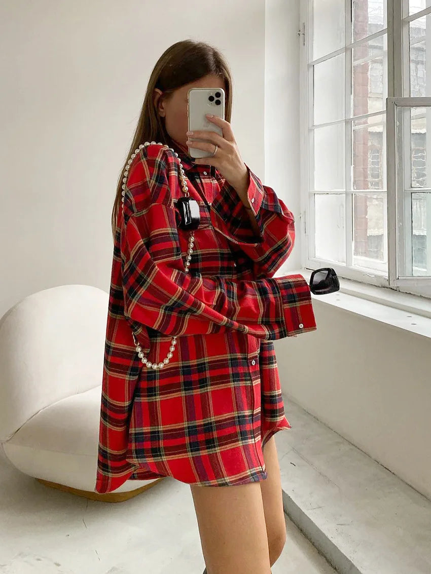 Veloria - Camisa de mujer a cuadros de corte holgado – abotonada, oversize