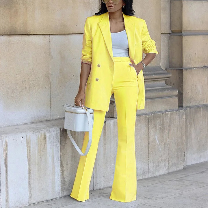 Bogna - Traje elegante de mujer con chaqueta larga y pantalones de pierna ancha