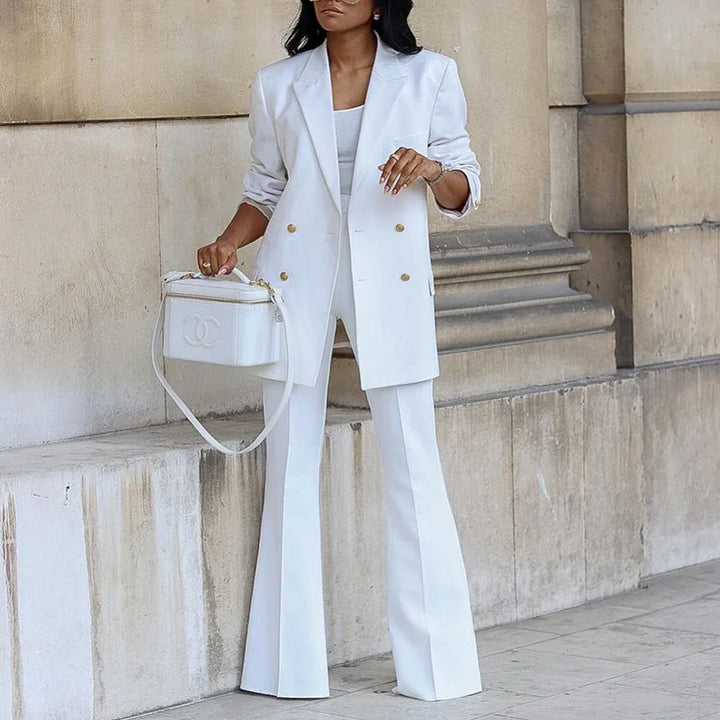 Bogna - Traje elegante de mujer con chaqueta larga y pantalones de pierna ancha