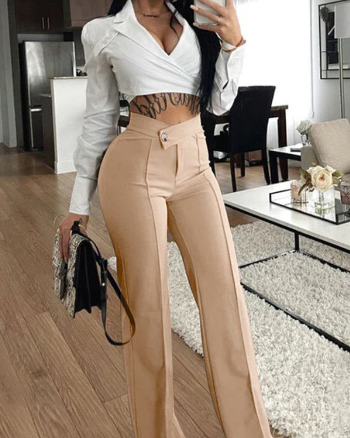 Macy | Pantalones de mujer de cintura alta y pierna ancha en color sólido