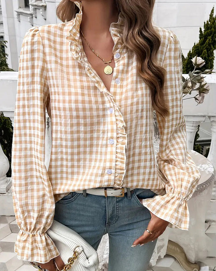 Esmeralda | Blusa elegante de mujer a cuadros gingham con volantes