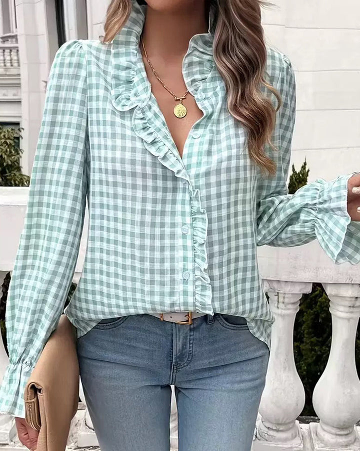 Esmeralda | Blusa elegante de mujer a cuadros gingham con volantes
