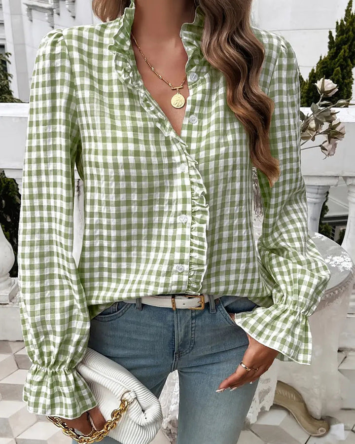 Esmeralda | Blusa elegante de mujer a cuadros gingham con volantes