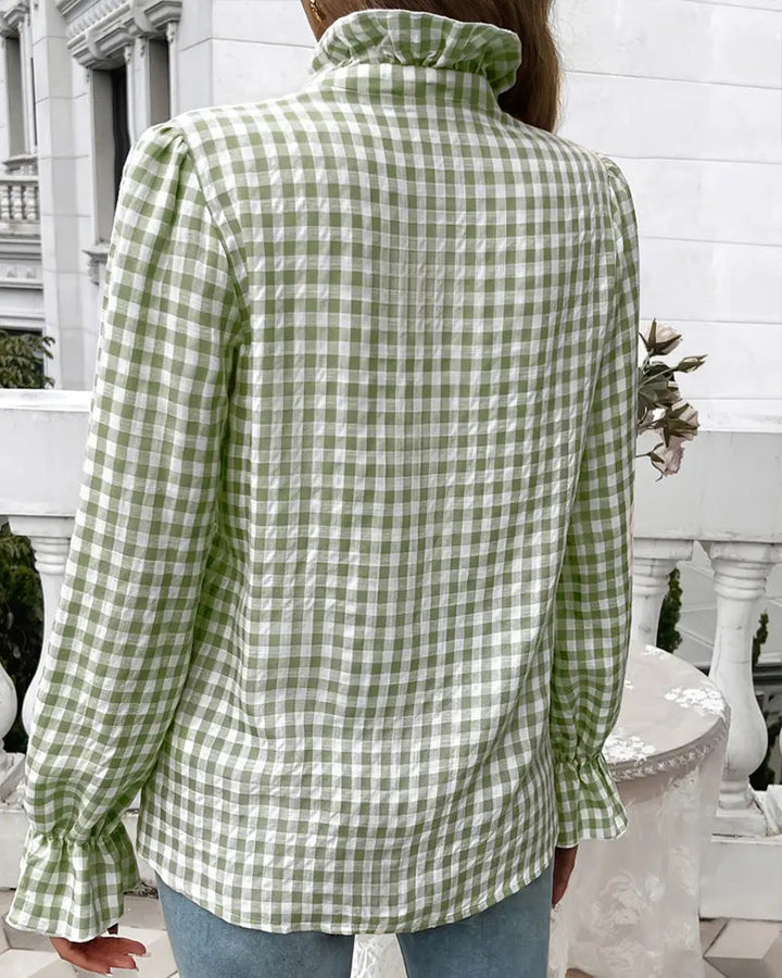 Esmeralda | Blusa elegante de mujer a cuadros gingham con volantes