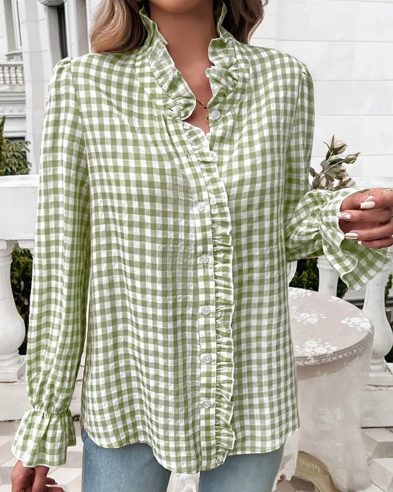 Esmeralda | Blusa elegante de mujer a cuadros gingham con volantes