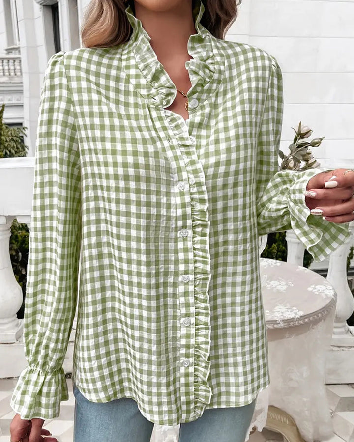 Esmeralda | Blusa elegante de mujer a cuadros gingham con volantes