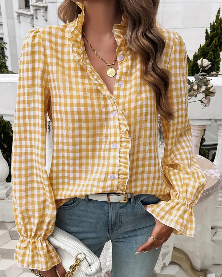 Esmeralda | Blusa elegante de mujer a cuadros gingham con volantes