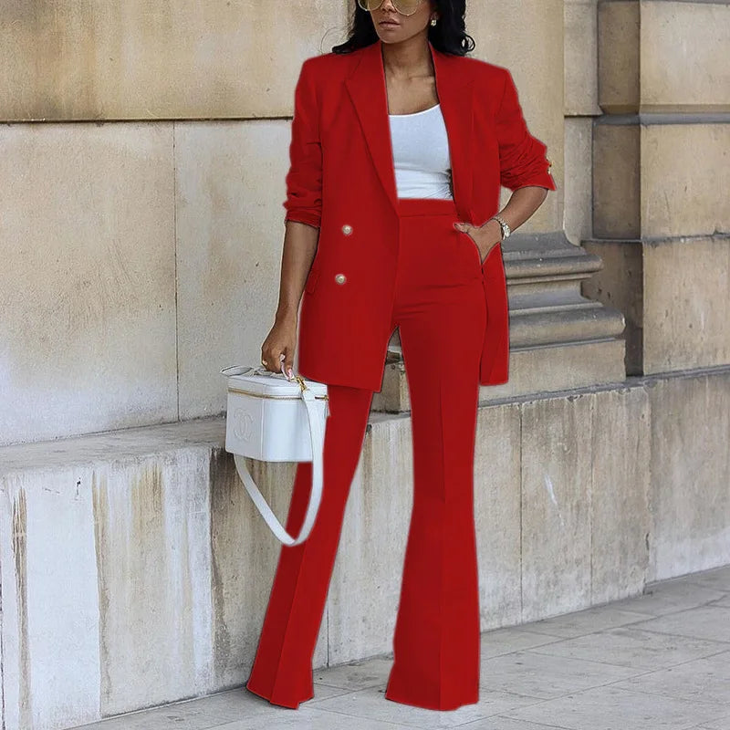 Bogna - Traje elegante de mujer con chaqueta larga y pantalones de pierna ancha