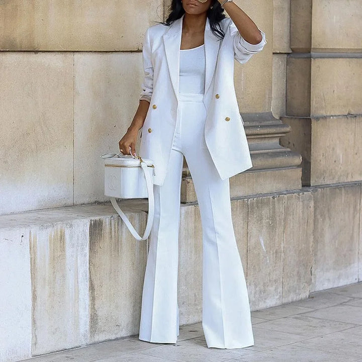 Bogna - Traje elegante de mujer con chaqueta larga y pantalones de pierna ancha