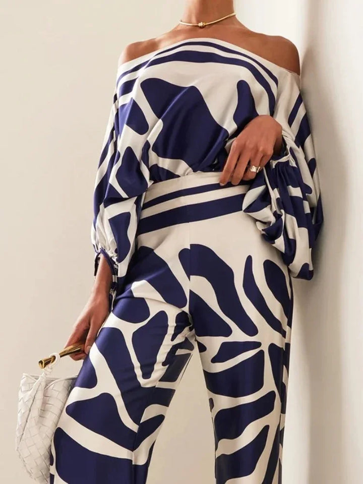 Elowen - Conjunto de satén elegante con top asimétrico y pantalones anchos