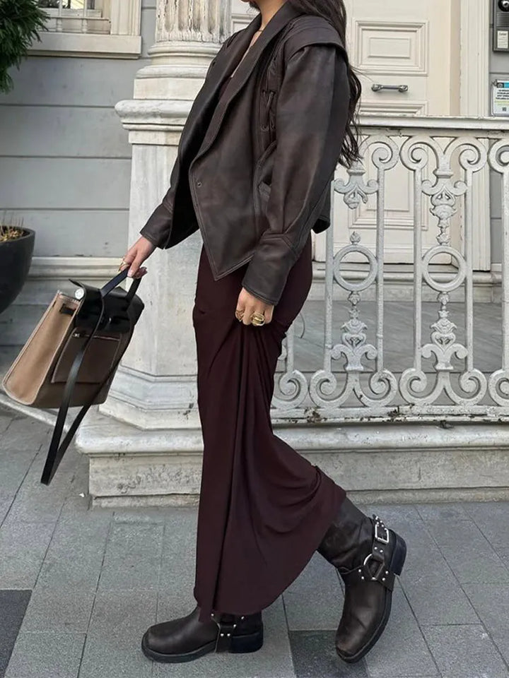 Veloria - Chaqueta de cuero para mujer con cinturón y costuras decorativas