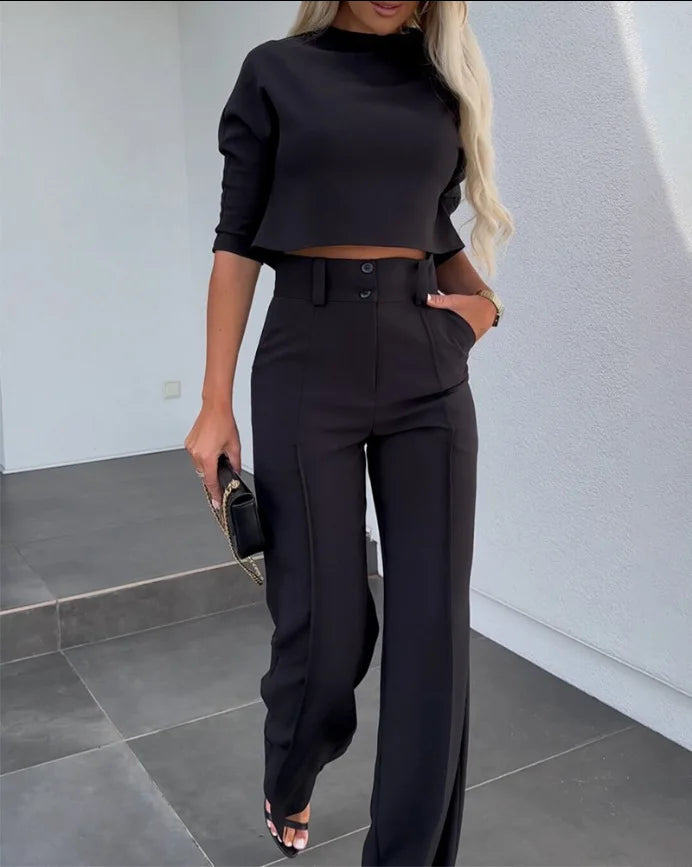 Averiella - Conjunto elegante de mujer con top corto y pantalones