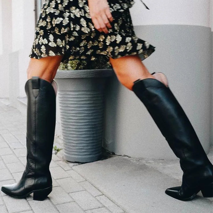 Calista - Botas de mujer por encima de la rodilla – clásicas botas negras estilo western