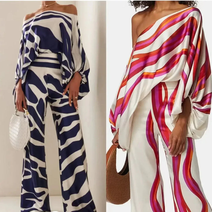 Elowen - Conjunto de satén elegante con top asimétrico y pantalones anchos