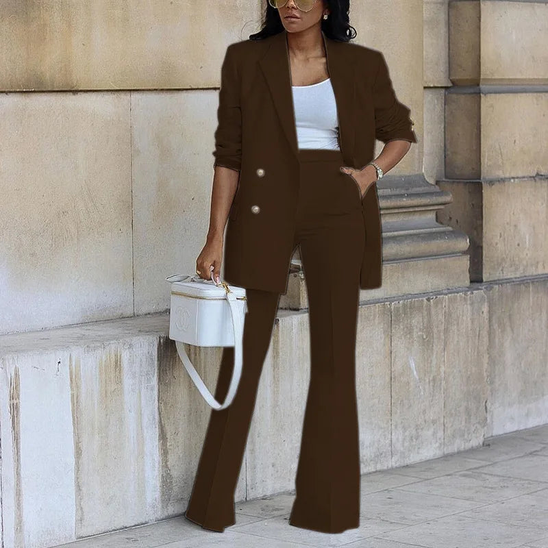 Bogna - Traje elegante de mujer con chaqueta larga y pantalones de pierna ancha