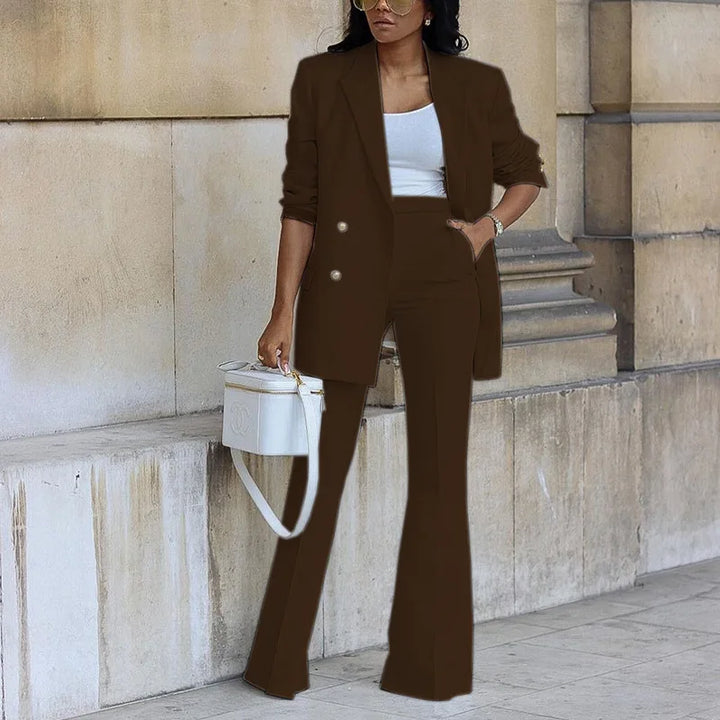 Bogna - Traje elegante de mujer con chaqueta larga y pantalones de pierna ancha