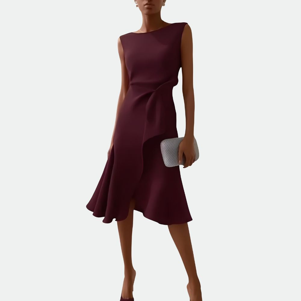 McKenna | Vestido midi femenino con drapeado y corte asimétrico