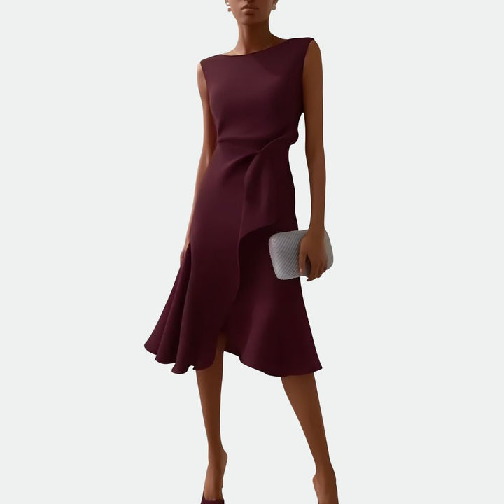 McKenna | Vestido midi femenino con drapeado y corte asimétrico