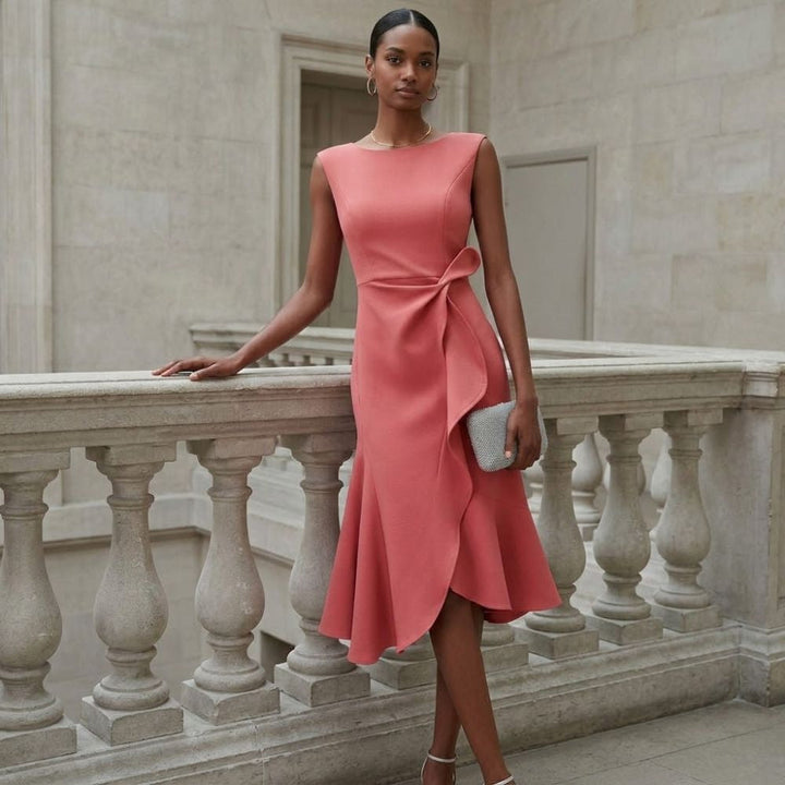 McKenna | Vestido midi femenino con drapeado y corte asimétrico