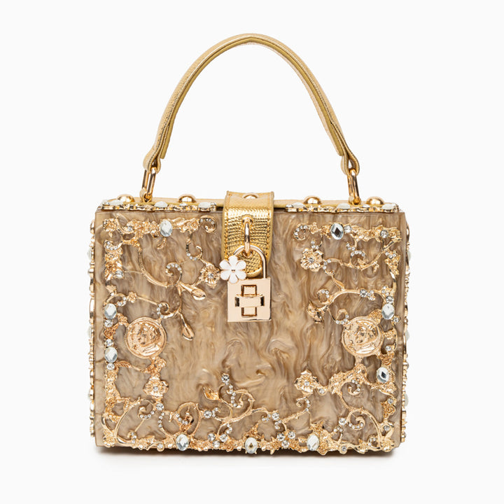 Cathy | Bolsa de caja exclusiva, diseño de lujo, detalles florales dorados, elegante cierre metálico