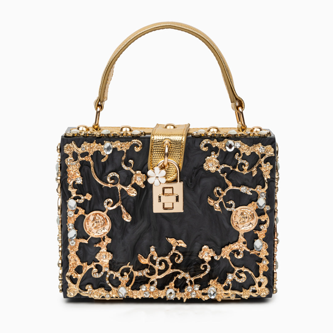 Cathy | Bolsa de caja exclusiva, diseño de lujo, detalles florales dorados, elegante cierre metálico