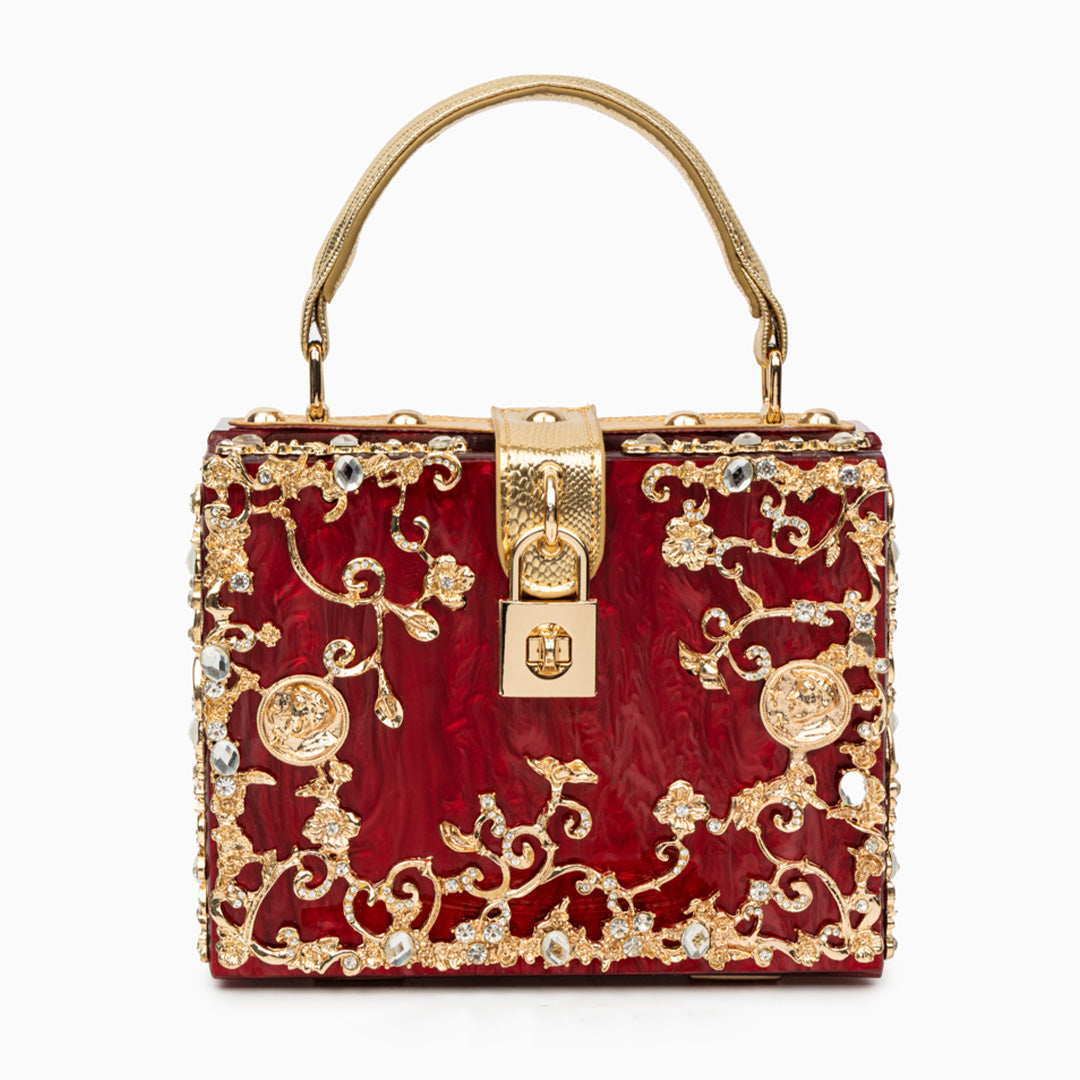 Cathy | Bolsa de caja exclusiva, diseño de lujo, detalles florales dorados, elegante cierre metálico