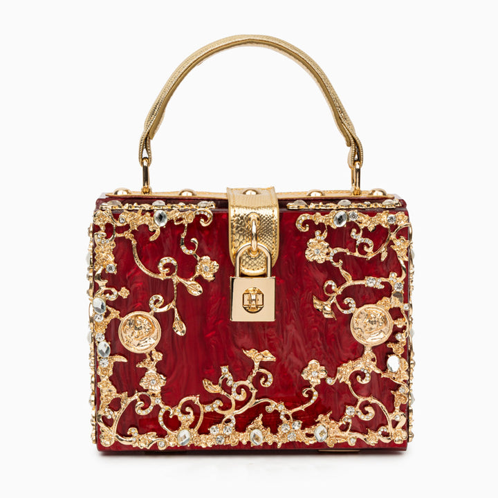 Cathy | Bolsa de caja exclusiva, diseño de lujo, detalles florales dorados, elegante cierre metálico