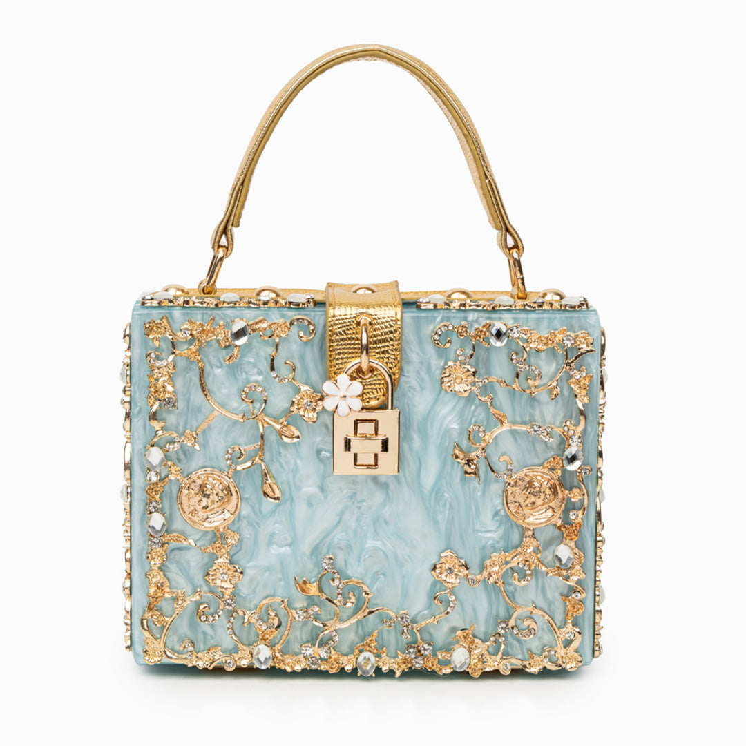 Cathy | Bolsa de caja exclusiva, diseño de lujo, detalles florales dorados, elegante cierre metálico