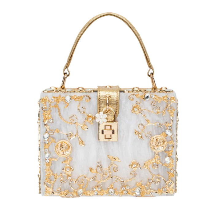 Cathy | Bolsa de caja exclusiva, diseño de lujo, detalles florales dorados, elegante cierre metálico
