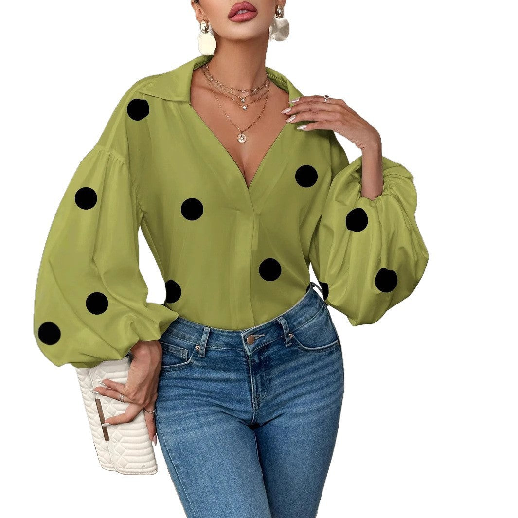 Carrie - Blusa elegante de estilo coreano con mangas abullonadas y gran estampado de lunares