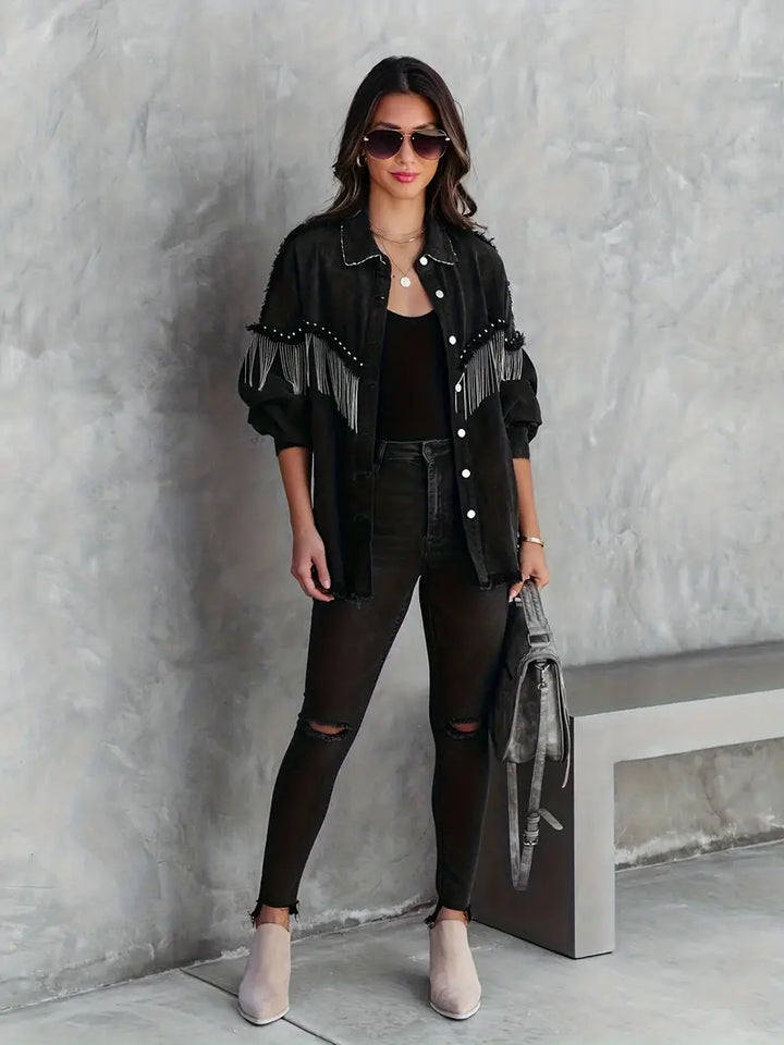 Avis | Chaqueta de mezclilla para mujer estilo western con flecos y tachuelas, diseño llamativo y moderno
