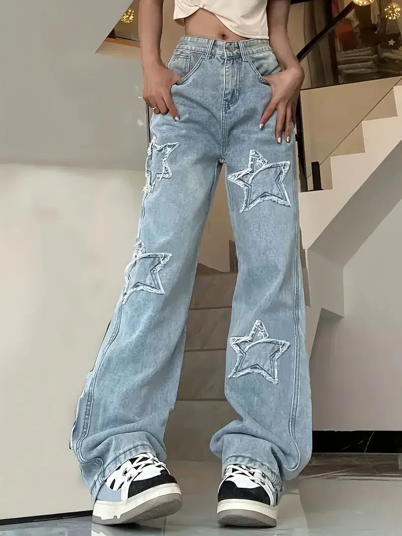 Danna - Jeans de Mujer de Cintura Alta con Aplicaciones de Estrellas y Piernas Anchas