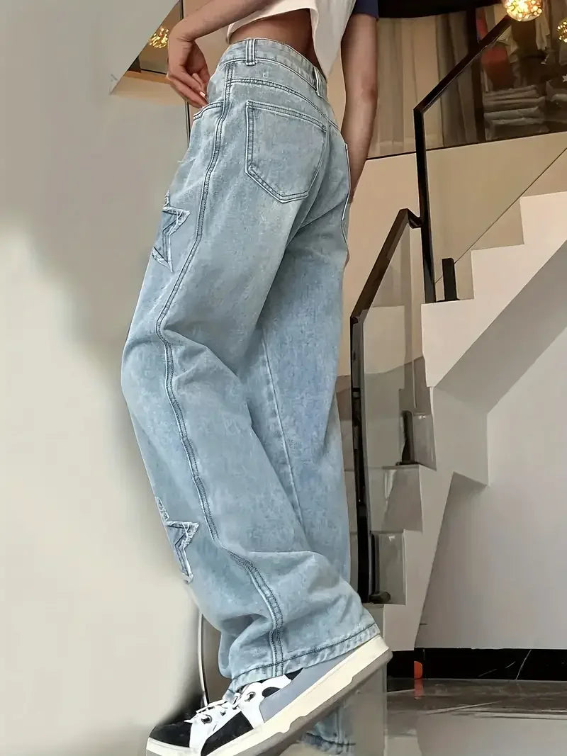 Danna - Jeans de Mujer de Cintura Alta con Aplicaciones de Estrellas y Piernas Anchas