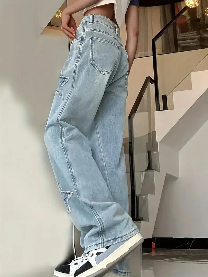 Danna - Jeans de Mujer de Cintura Alta con Aplicaciones de Estrellas y Piernas Anchas