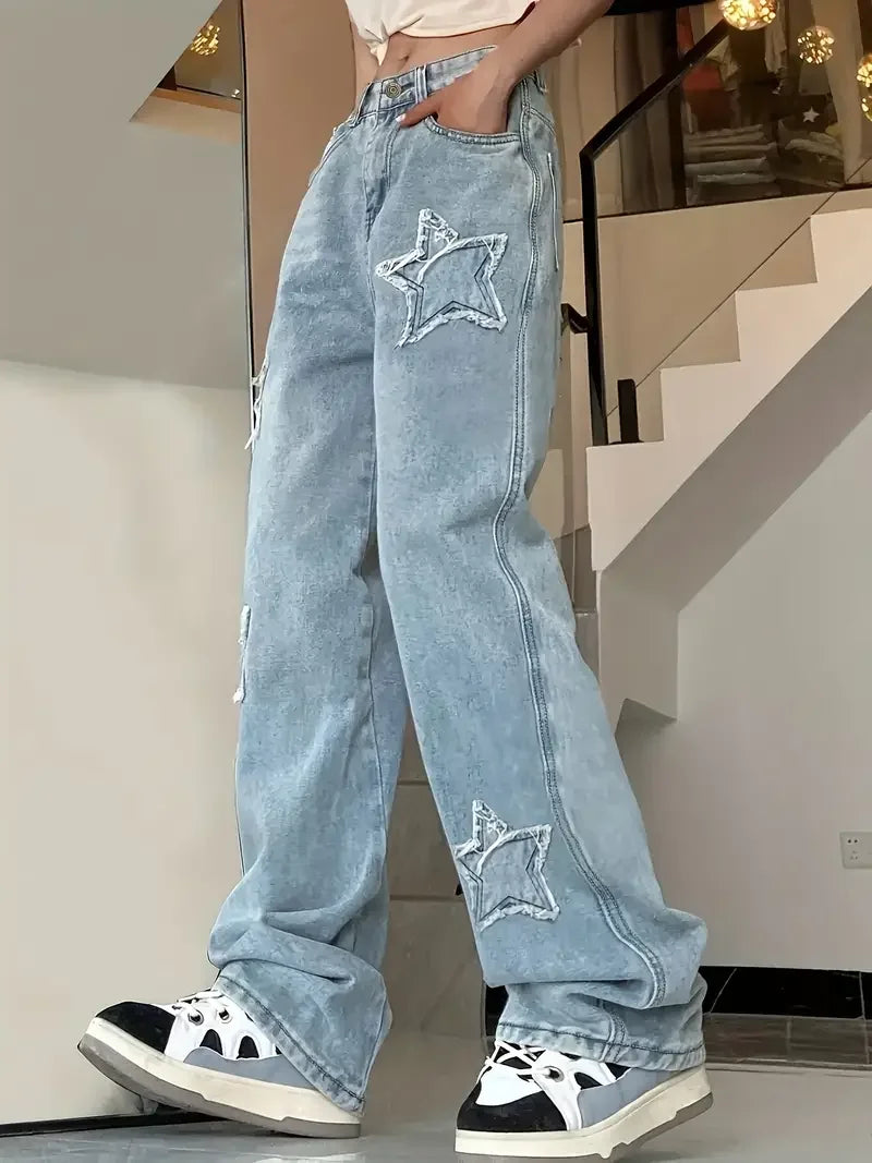 Danna - Jeans de Mujer de Cintura Alta con Aplicaciones de Estrellas y Piernas Anchas