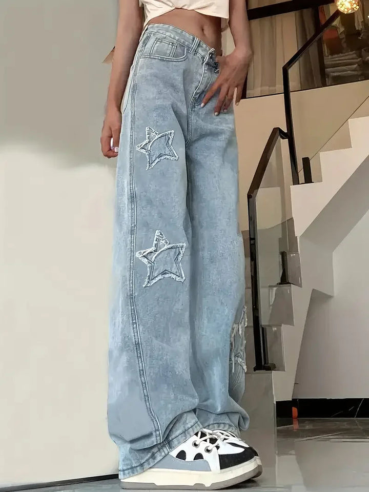 Danna - Jeans de Mujer de Cintura Alta con Aplicaciones de Estrellas y Piernas Anchas
