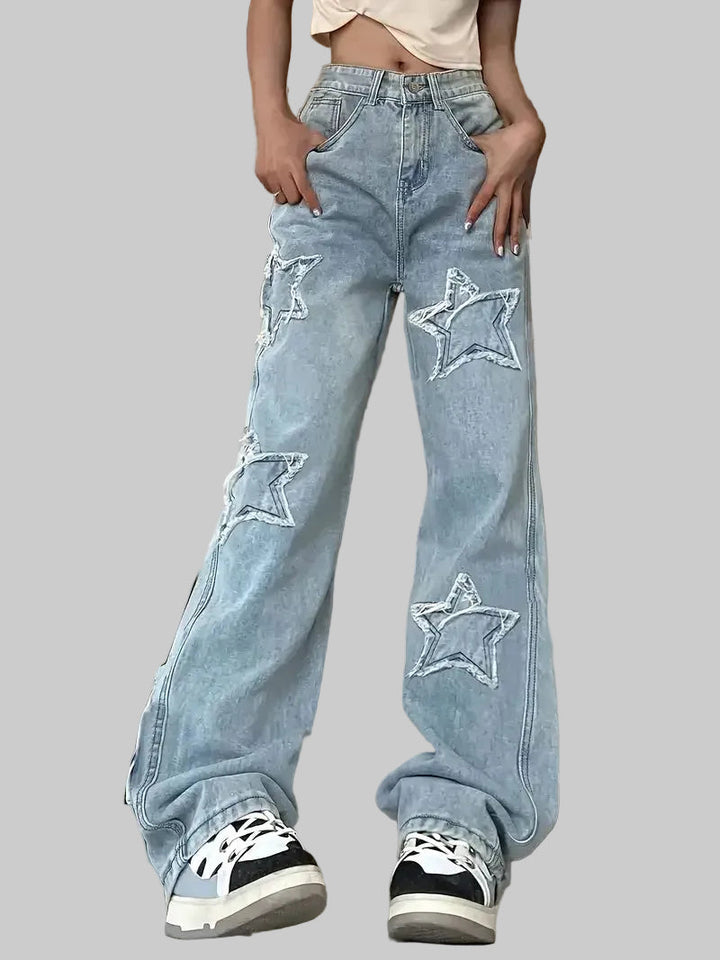 Danna - Jeans de Mujer de Cintura Alta con Aplicaciones de Estrellas y Piernas Anchas
