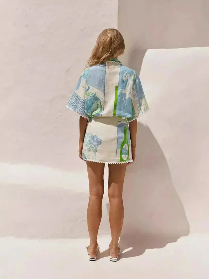 Arya | Conjunto de verano para mujer en color azul y blanco con patrón geométrico