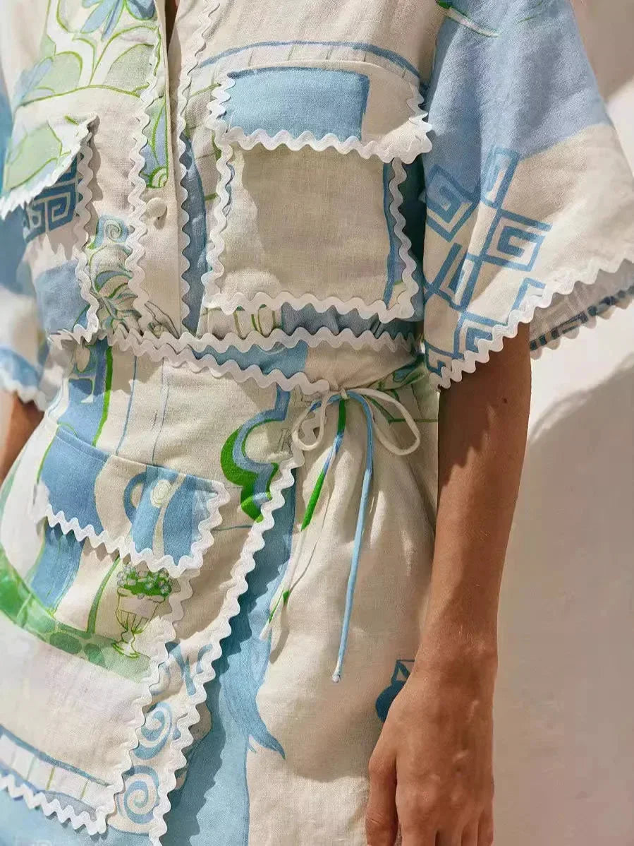 Arya | Conjunto de verano para mujer en color azul y blanco con patrón geométrico