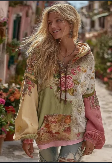 Pimiento - Suéter de mujer con capucha en estilo vintage barroco con estampado floral femenino