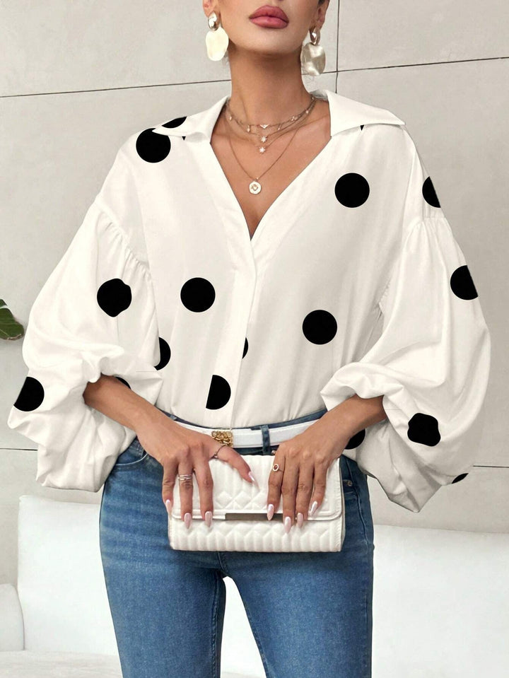 Carrie - Blusa elegante de estilo coreano con mangas abullonadas y gran estampado de lunares