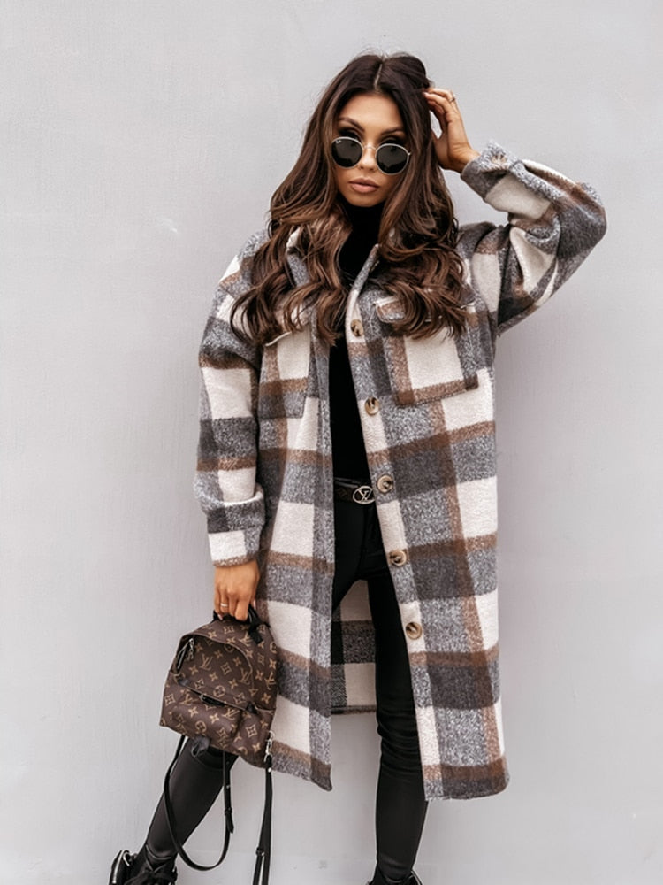 Felicja - Chaqueta de Camisa para Mujer a Cuadros | Larga