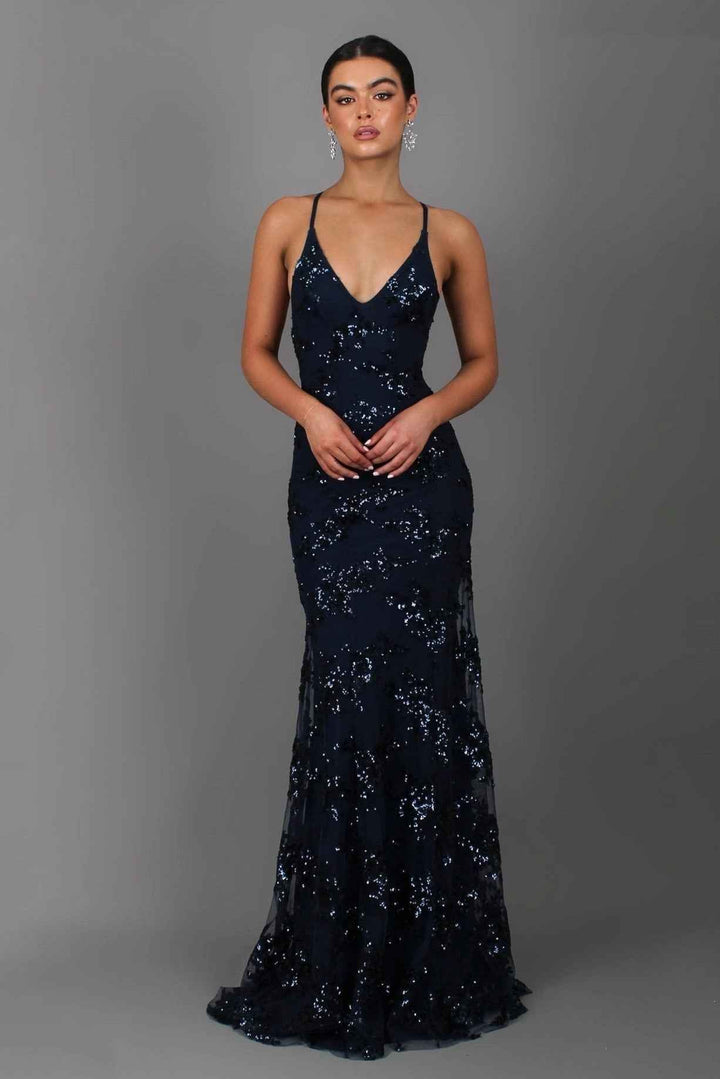 Magda – Vestido largo de tirantes con adornos de lentejuelas