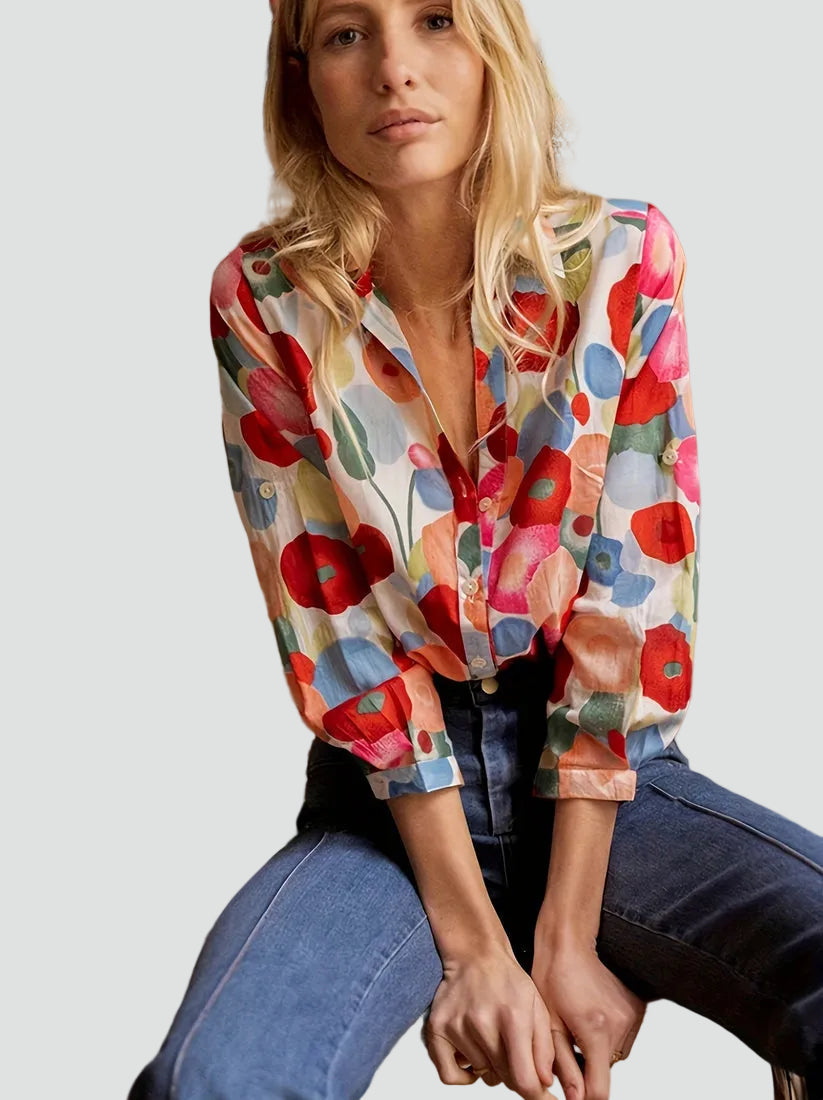 Katey | Blusa elegante de mujer con estampado floral y botones